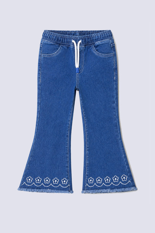 Girl's Floral Hem Flared Denim Pant