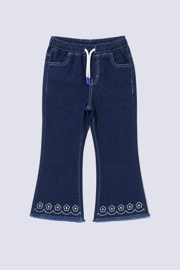 Girl's Floral Hem Flared Denim Pant