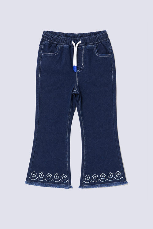 Girl's Floral Hem Flared Denim Pant