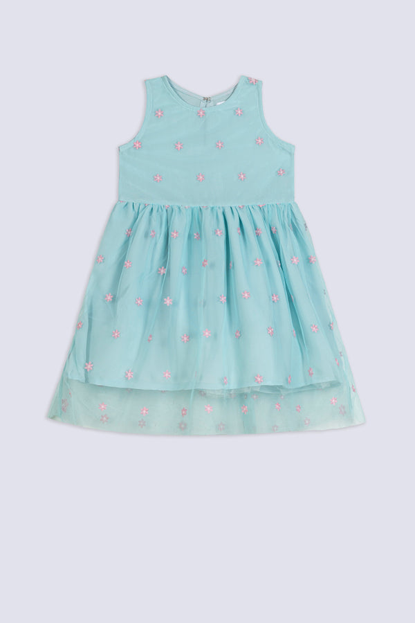 Girl's Aqua Daisy Net Dress