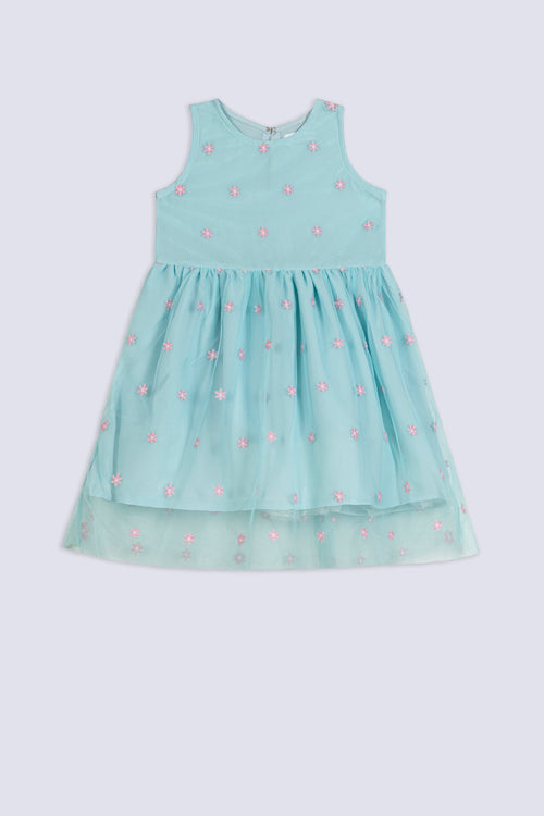 Girl's Aqua Daisy Net Dress