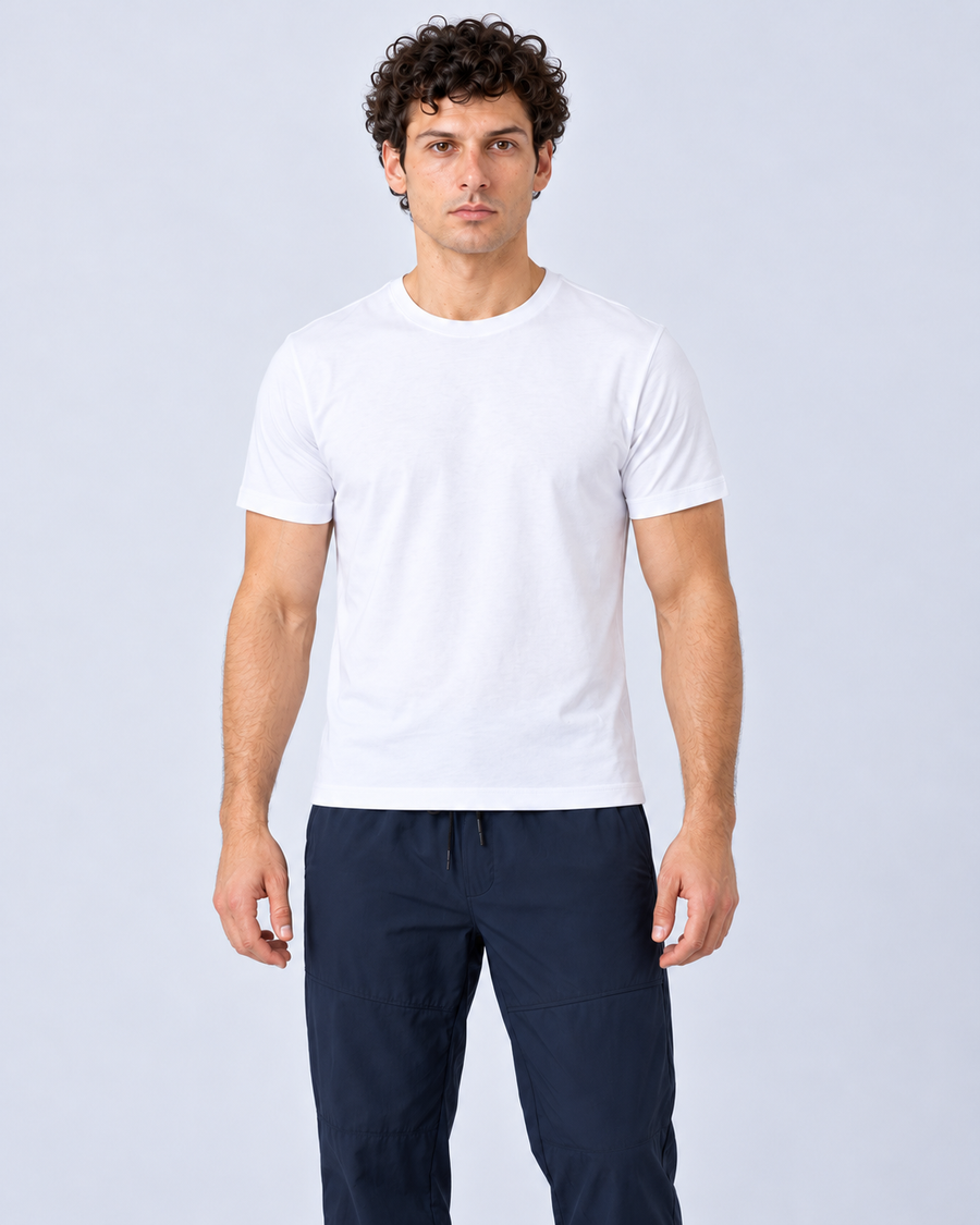 Men's White Structure Tee (WHT) with Men's Cargo Trouser (BLU) - close-up
