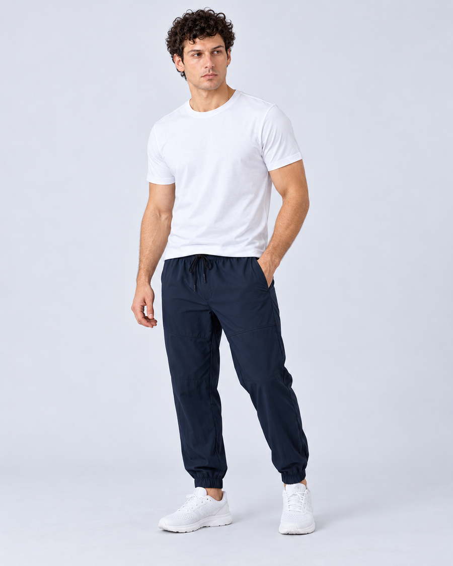 Men's White Structure Tee (WHT) with Men's Cargo Trouser (BLU) - pose 1