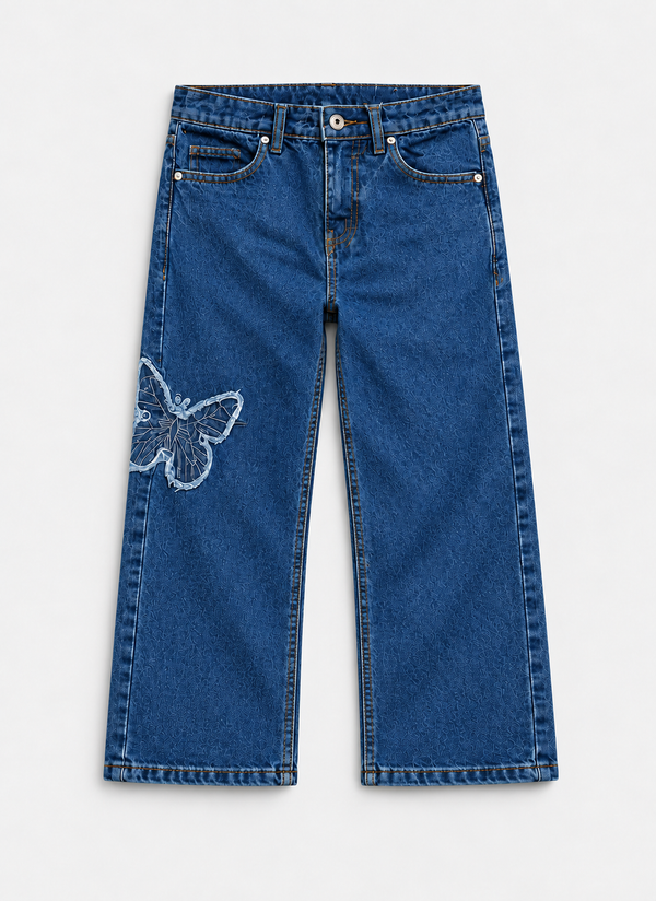 Girl's Butterfly Patch Wide Leg Jeans