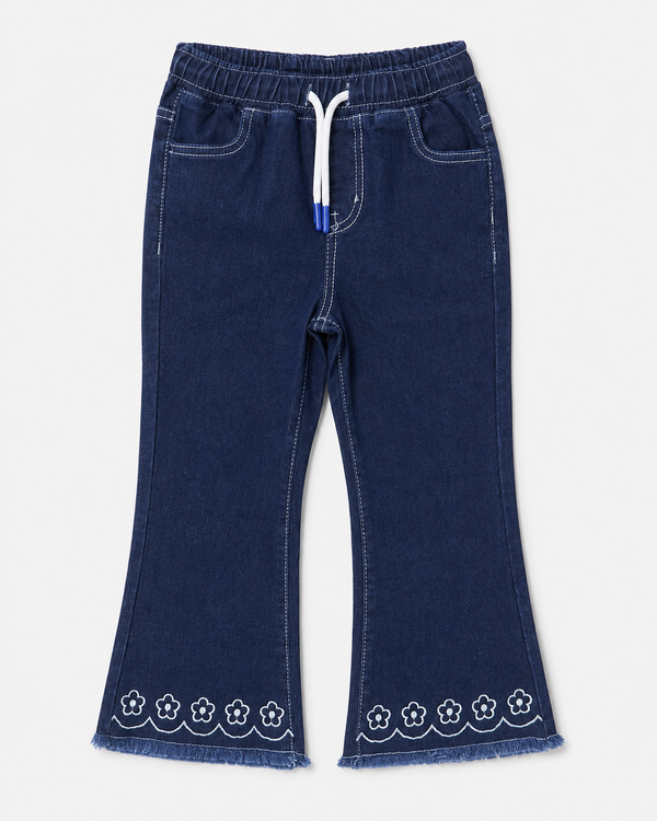 Girl's Floral Hem Flared Denim Pant