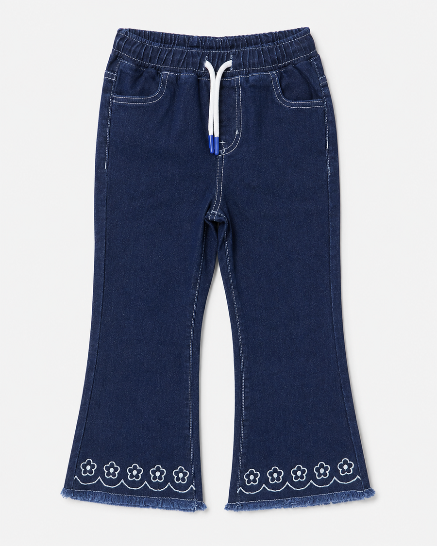 Girl's Floral Hem Flared Denim Pant