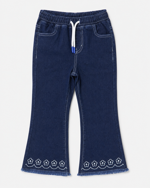Girl's Floral Hem Flared Denim Pant
