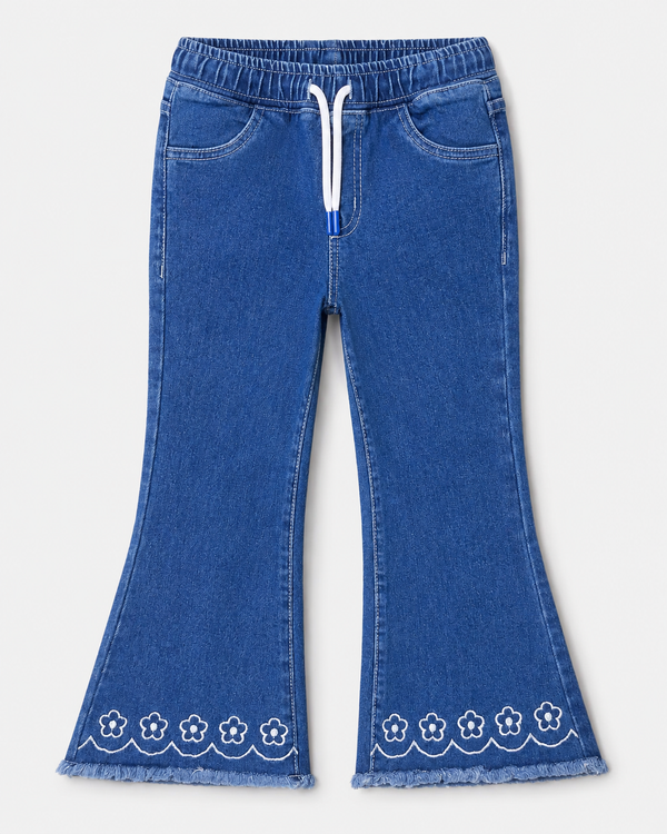 Girl's Floral Hem Flared Denim Pant