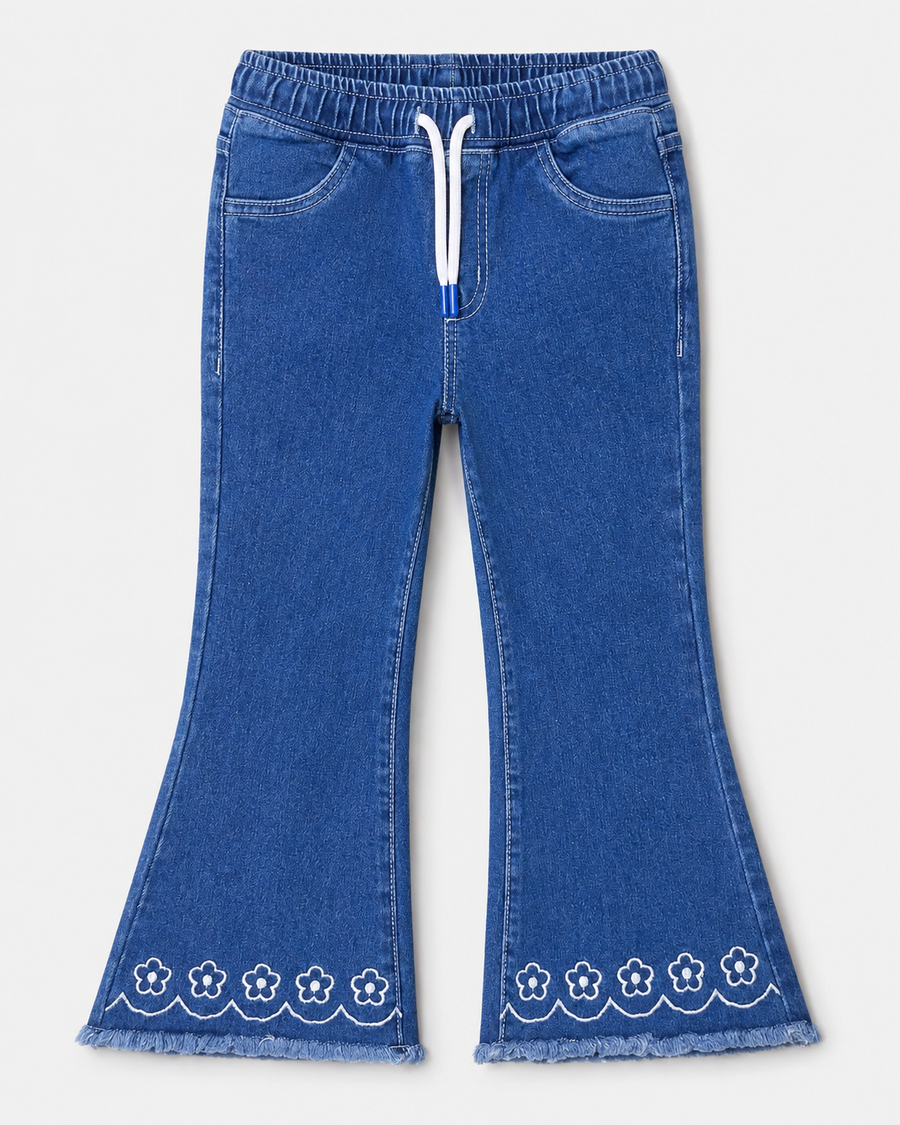 Girl's Floral Hem Flared Denim Pant
