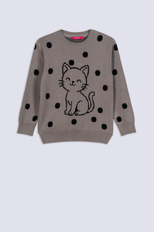 Girl's Smiley Cat Dotted Sweater