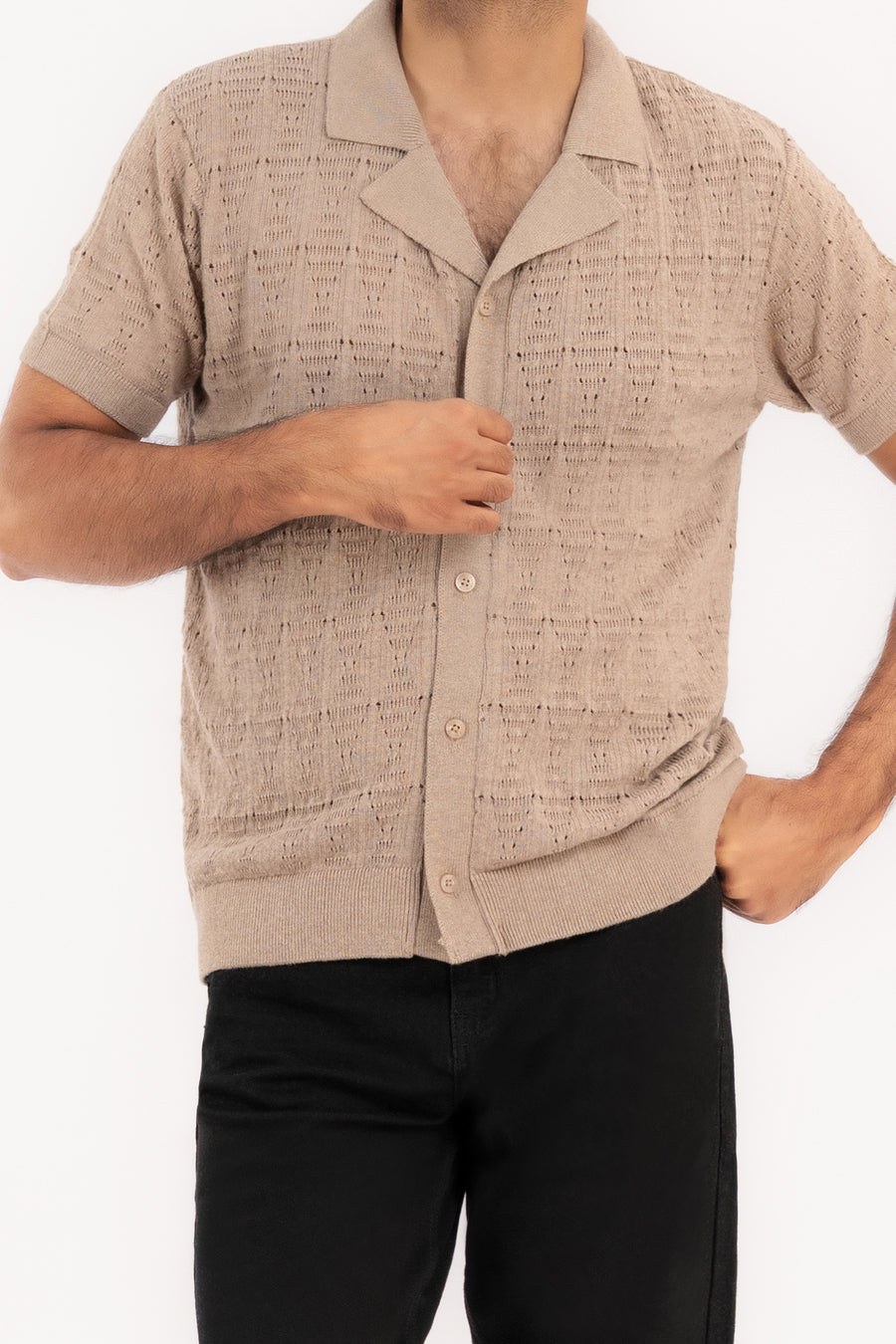 Men's Crochet Knit Camp Shirt