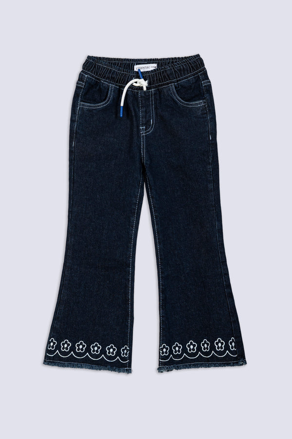 Girl's Floral Hem Flared Denim Pant