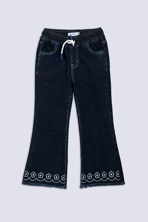 Girl's Floral Hem Flared Denim Pant