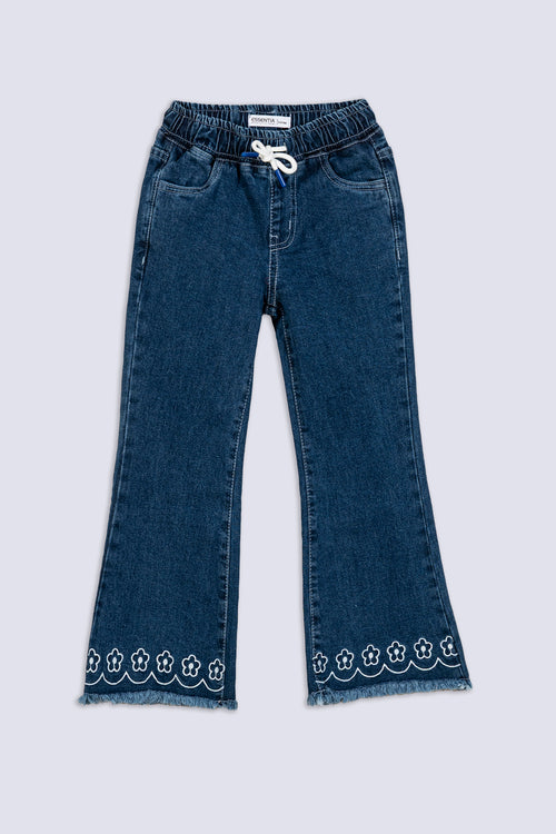 Girl's Floral Hem Flared Denim Pant