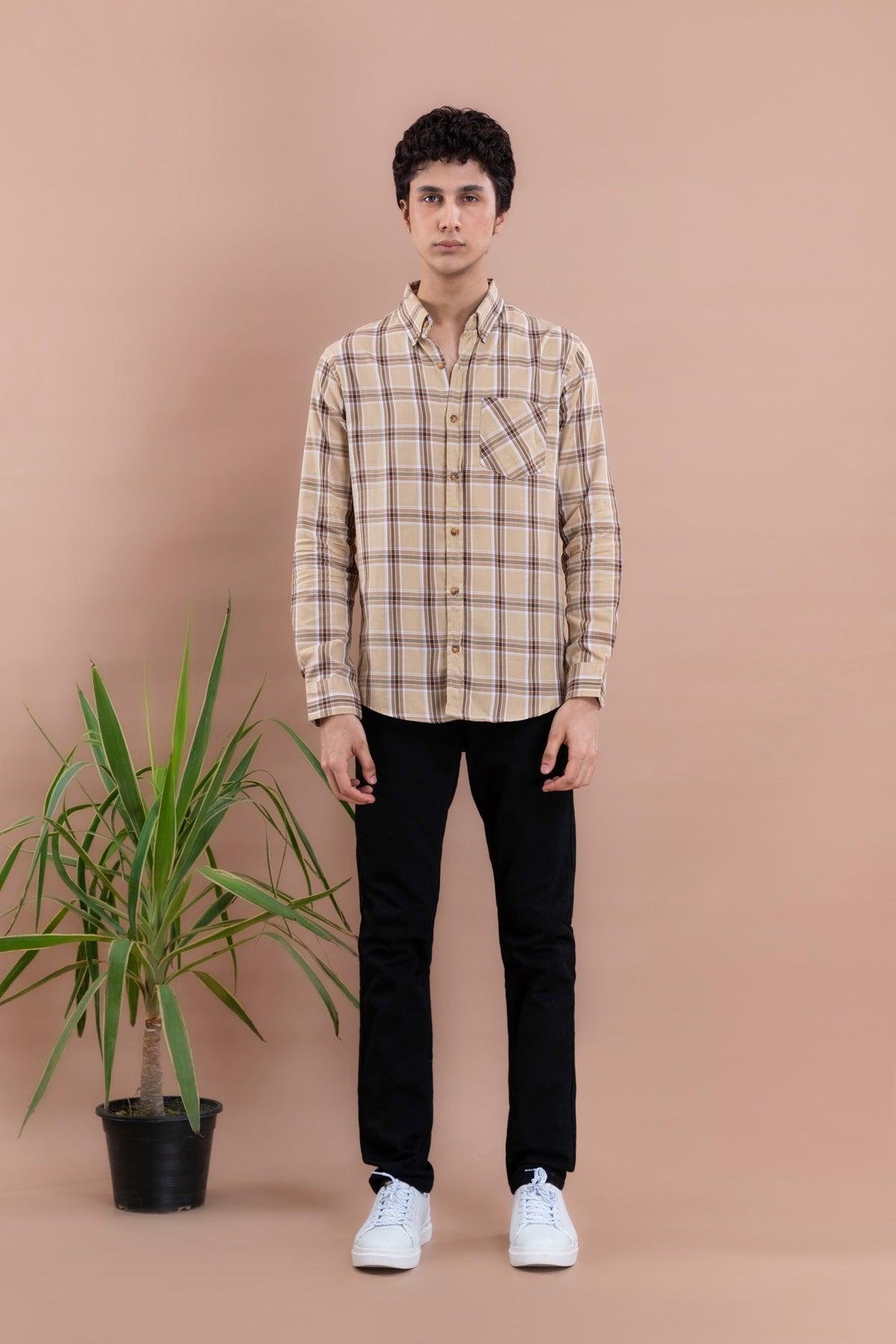 Beige Window Check Men's Shirt