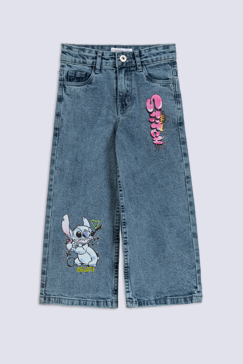 Girl's Stitch Graffiti Print Wide Jeans