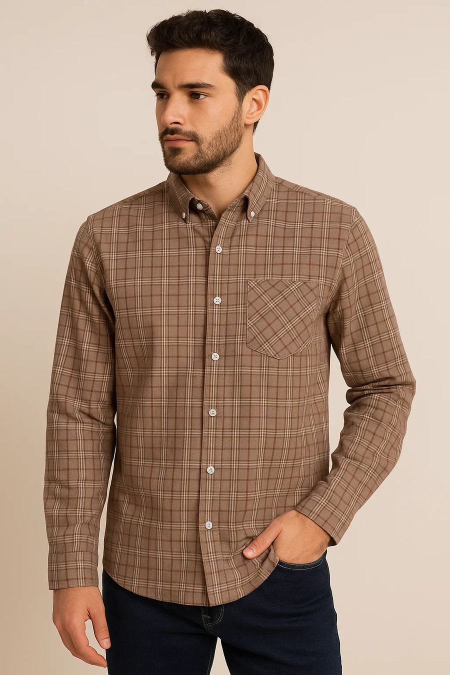 Beige Men's Checkered Shirt